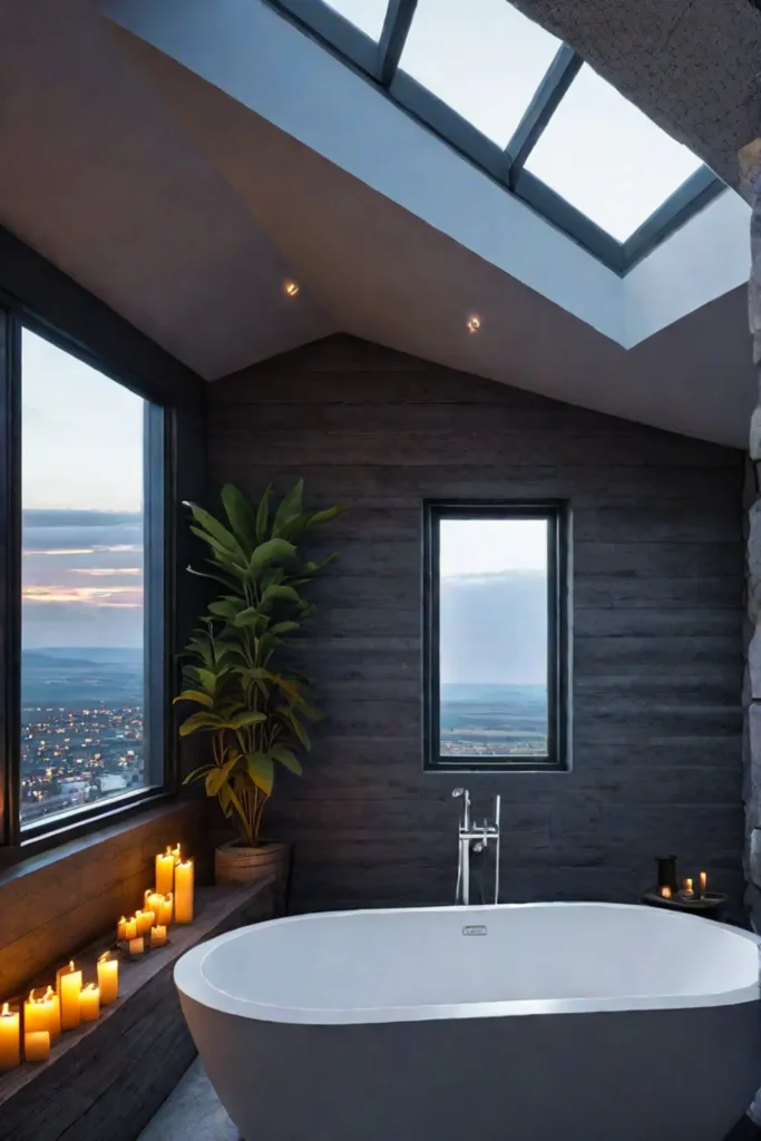 A bathroom with a skylight and a freestanding bathtub