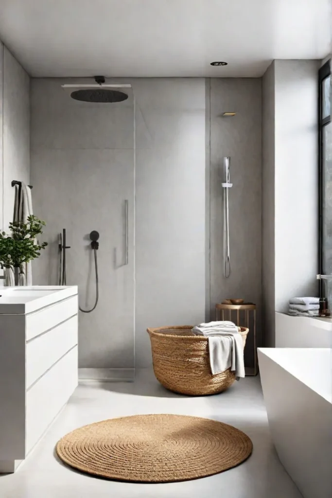 A bathroom with natural materials and calming colors