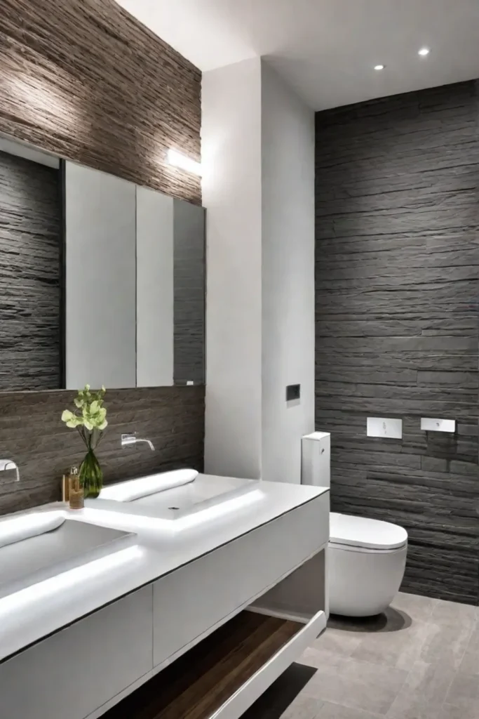 A bathroom with natural stone tiles and a double vanity