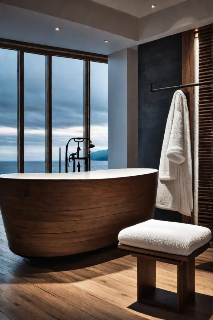 A bathroom with plush textiles and a freestanding bathtub