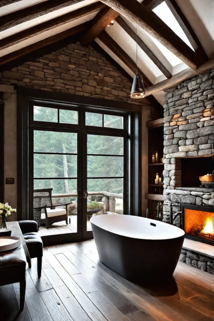 A rustic bathroom with exposed wooden beams and a fireplace