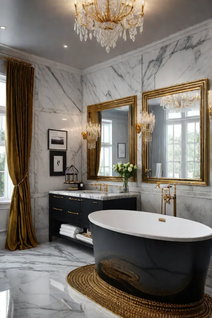 An elegant bathroom with a crystal chandelier and marble countertop