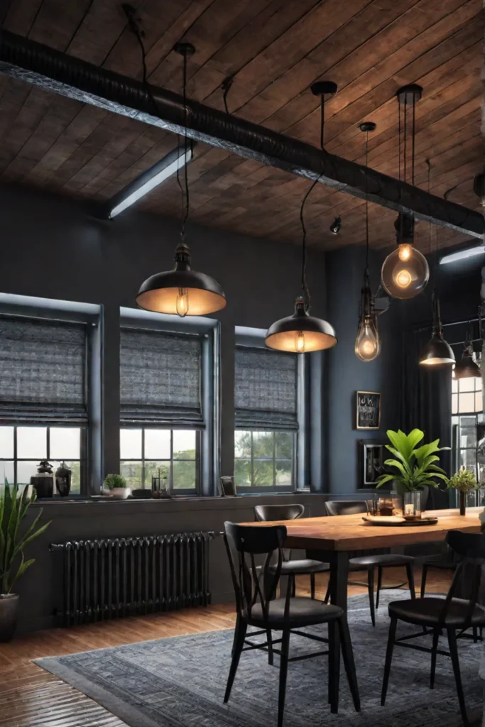 Edison bulb lamps and track lighting in an industrial space