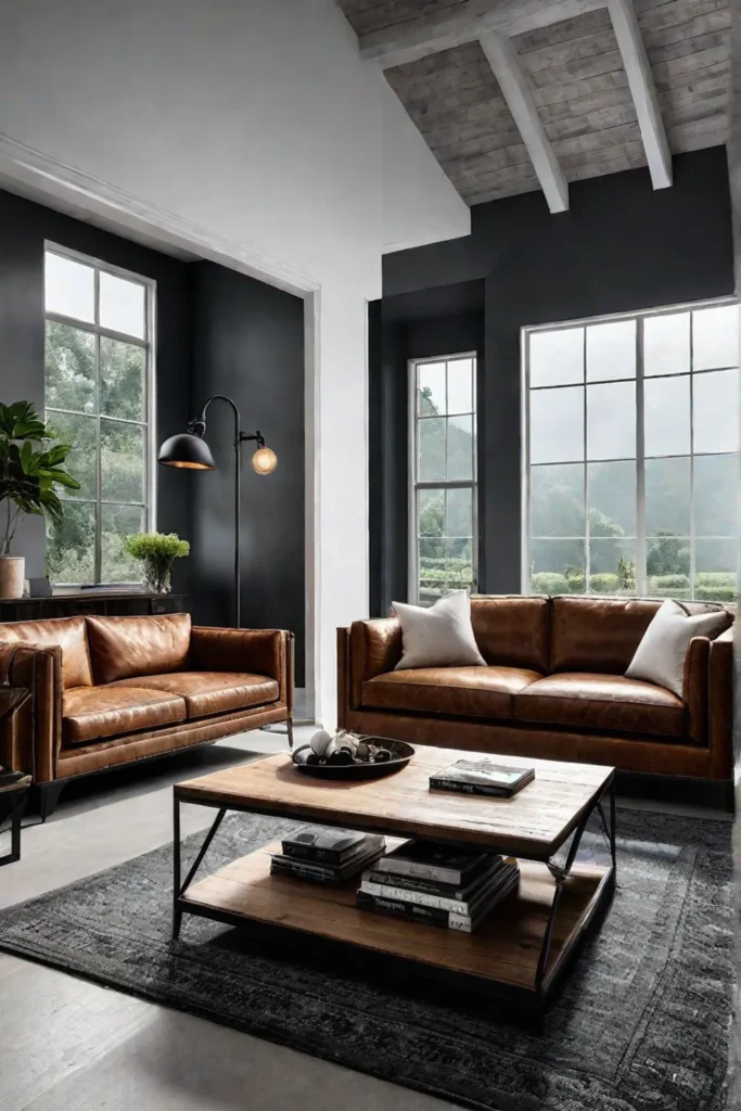 Exposed beams and rustic coffee table in an eclectic industrial space