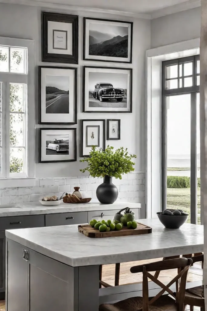 Gallery wall with family photos vintage kitchen tools and rustic wooden signs