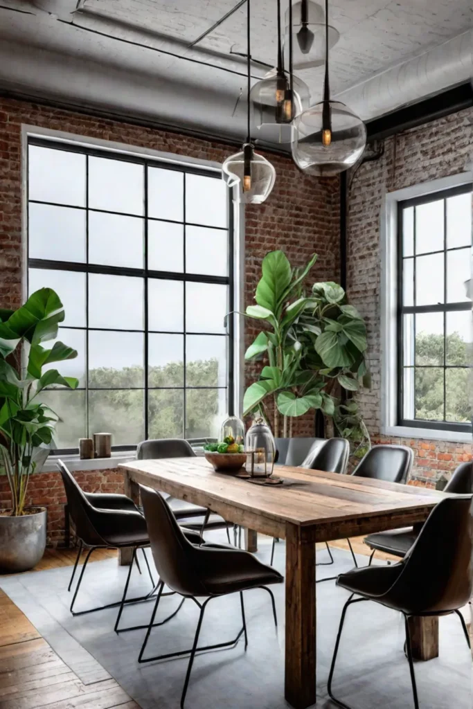 Highceilinged industrial living room with exposed ductwork