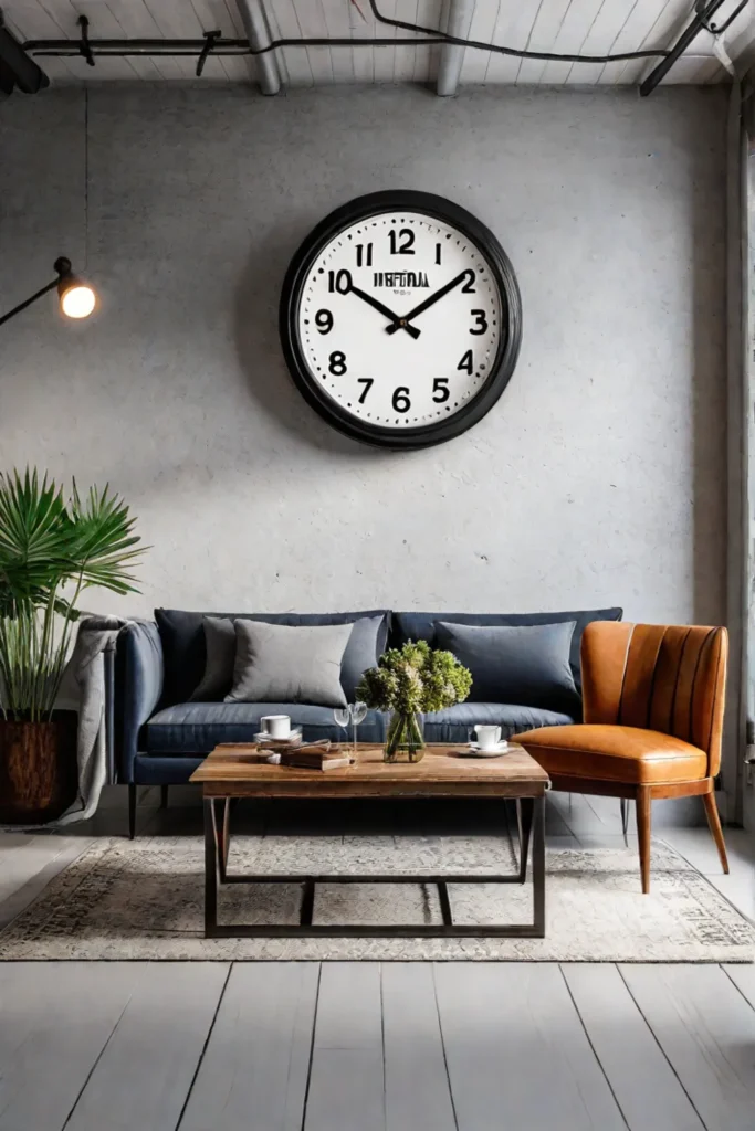 Industrial living room with a statement metal clock