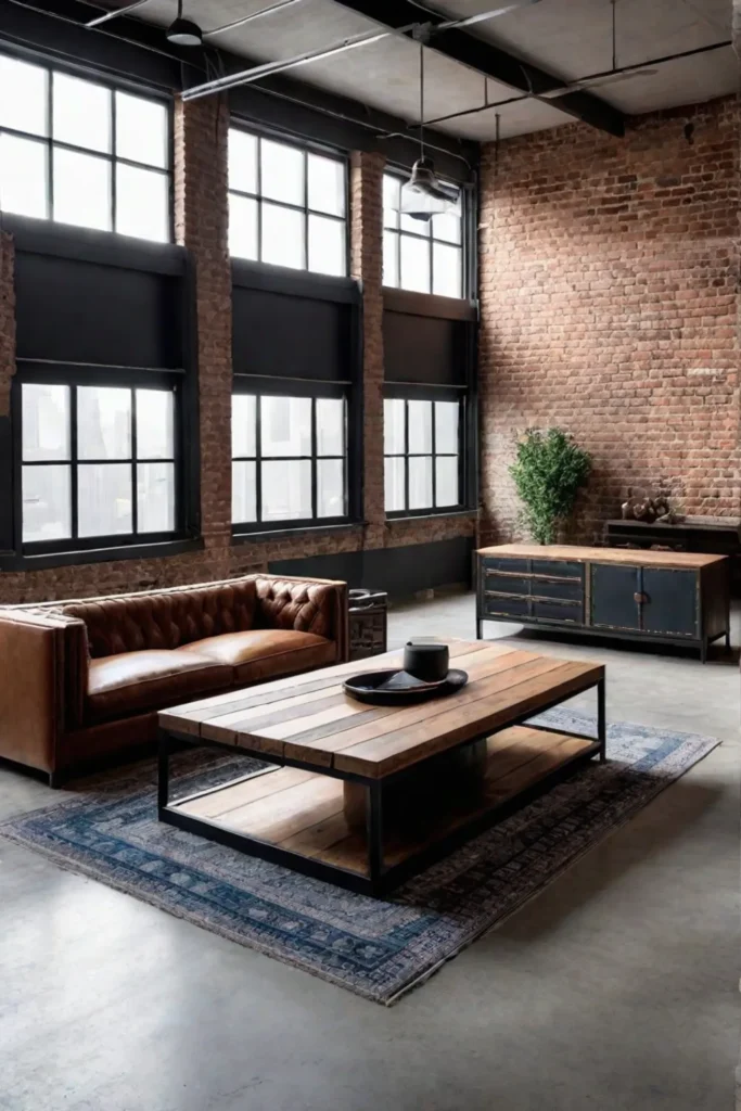 Industrial living room with exposed brick and metal furniture