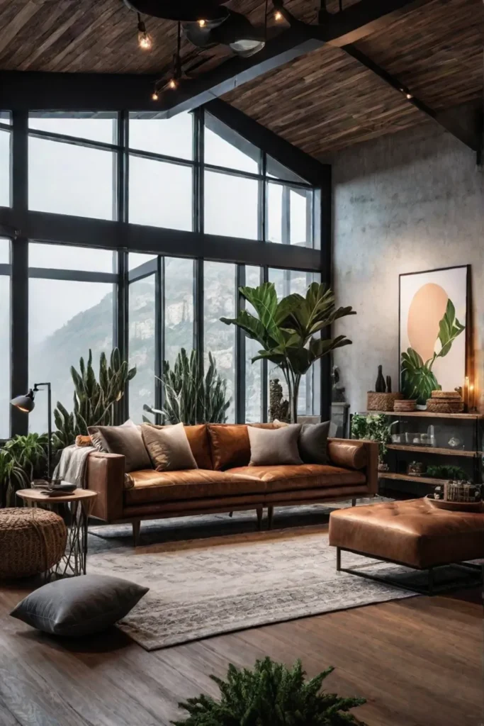 Industrial living room with natural elements and plants