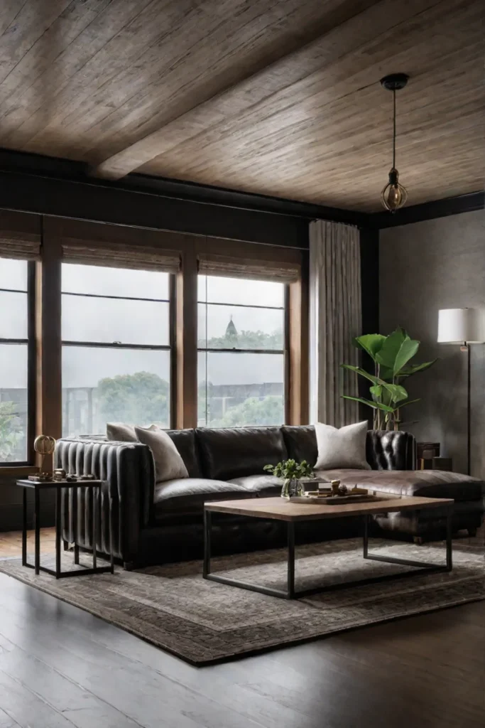 Jute rug and linen curtains adding warmth to an industrial living room