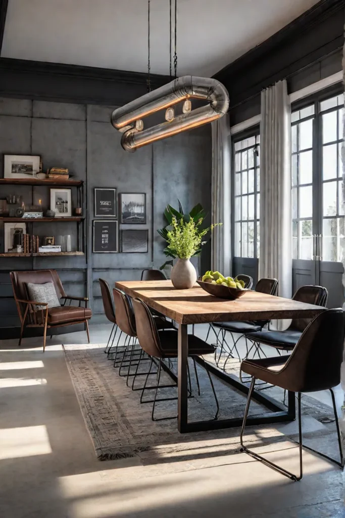 Reclaimed wood dining table with metal chairs in an industrial setting