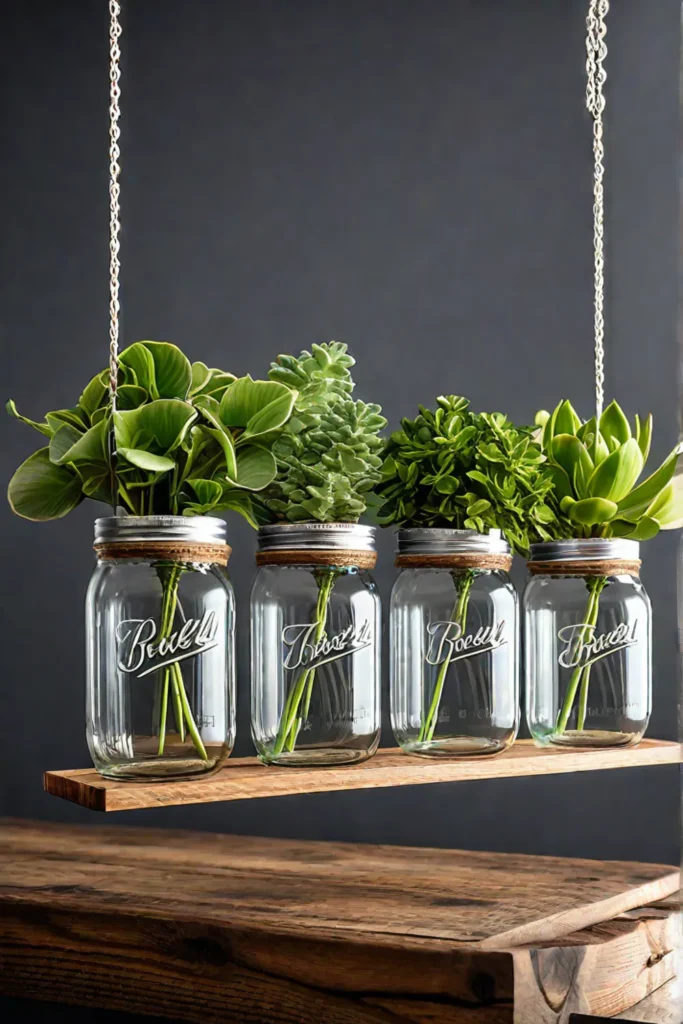 Repurposed mason jars as hanging planters in a farmhouse kitchen