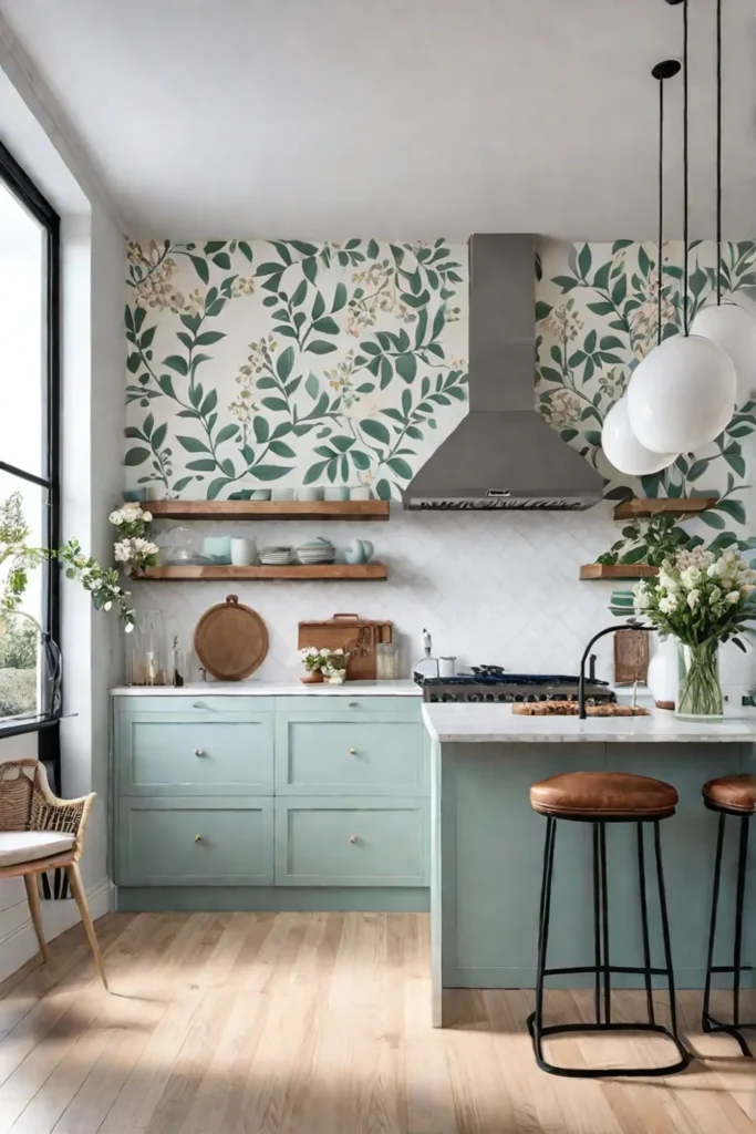 Stenciled accent wall with floral pattern in a Scandinavianinspired kitchen