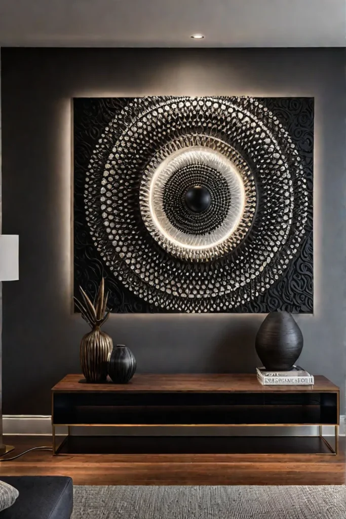 Accent lighting showcases artwork on a living room wall