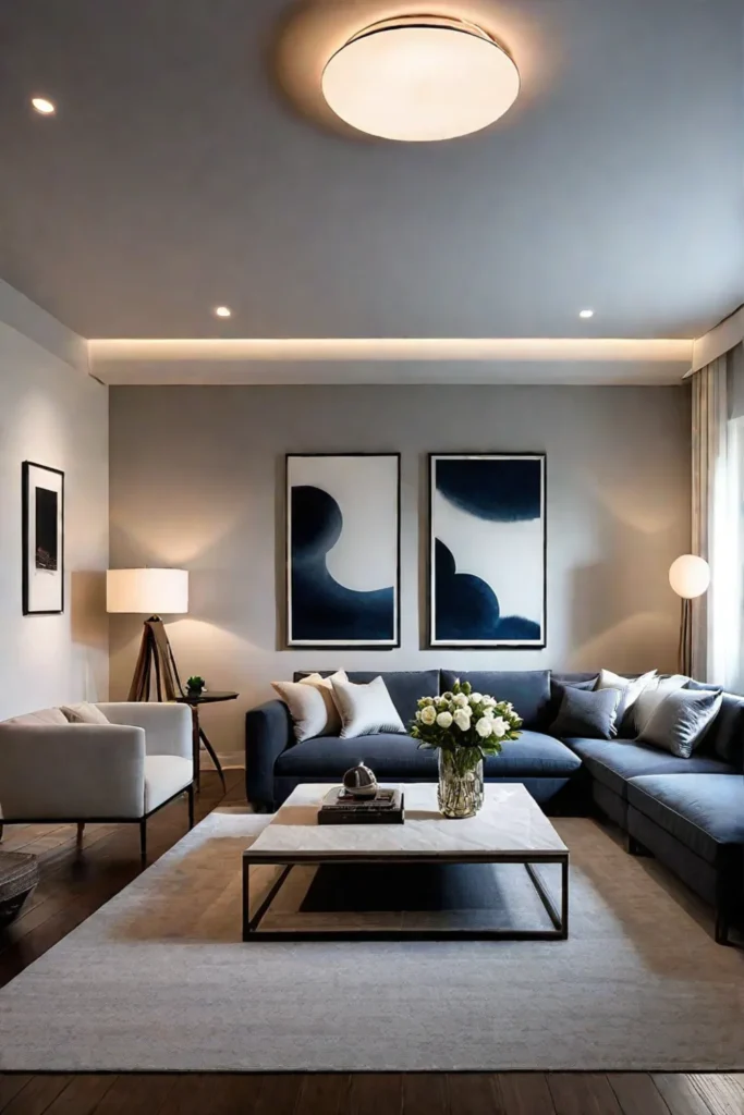 Ambient lighting sets a relaxing mood in a modern living room