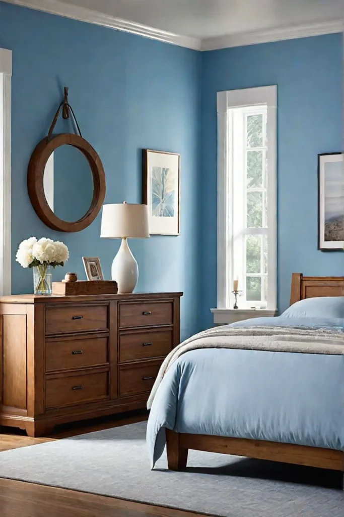 Bedroom with blue walls and natural wood furniture for a balanced atmosphere