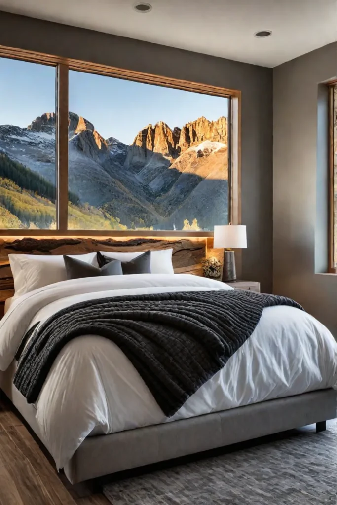 Bedroom with liveedge wood headboard and stone wall