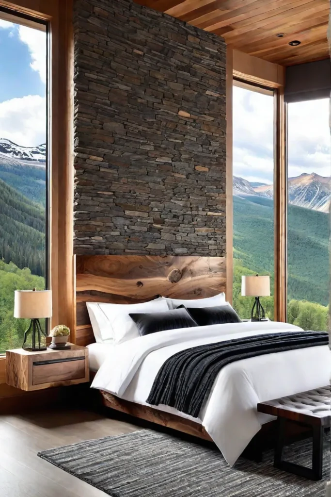 Bedroom with natural elements and mountain view