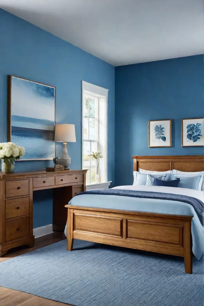 Blue bedroom showcasing calming color psychology