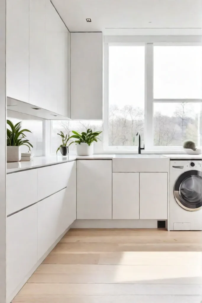 Bright laundry room with white cabinetry and natural light