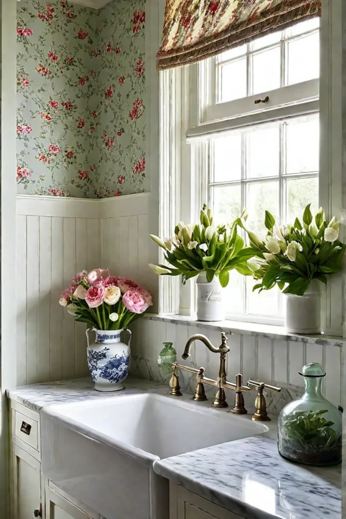 Charming laundry room with floral wallpaper and vintage sink