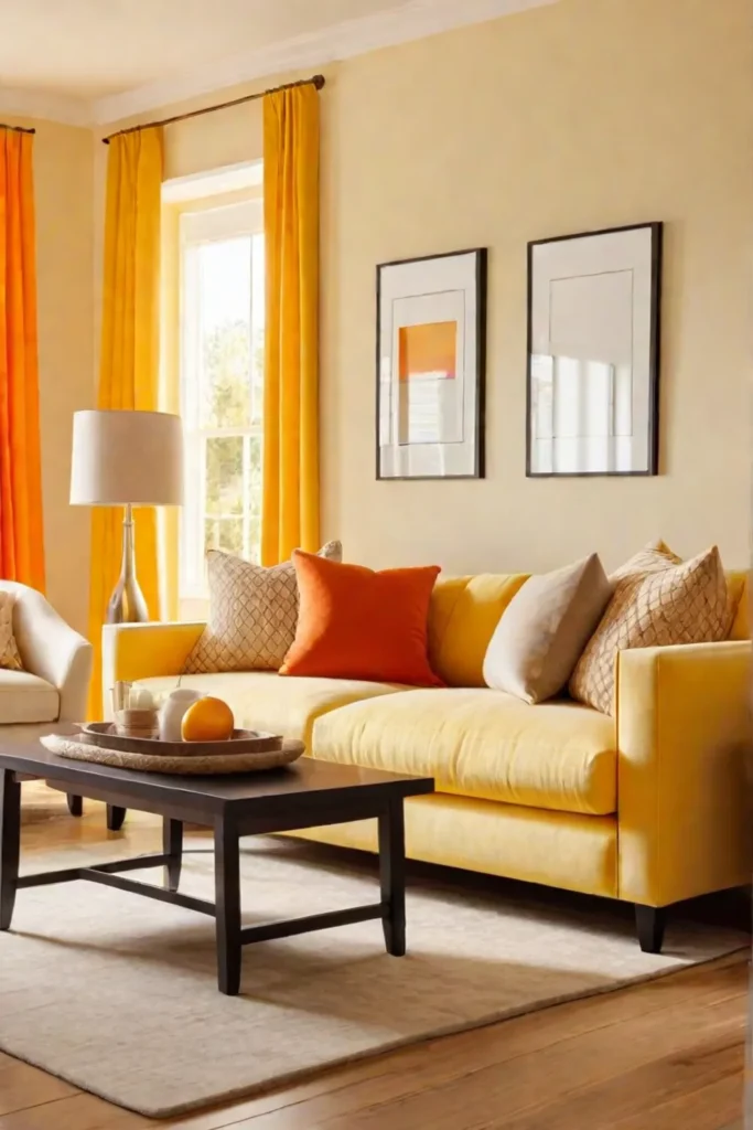 Cheerful and energetic living room design with warm colors