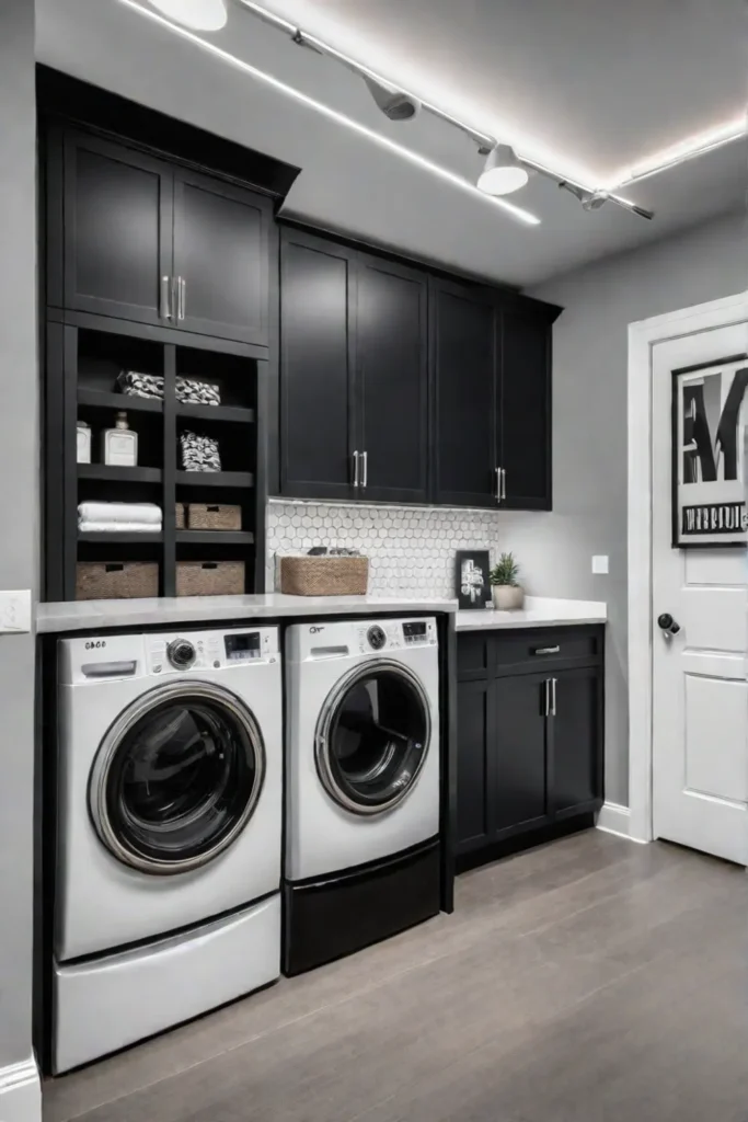 Contemporary laundry room with concrete and exposed ductwork