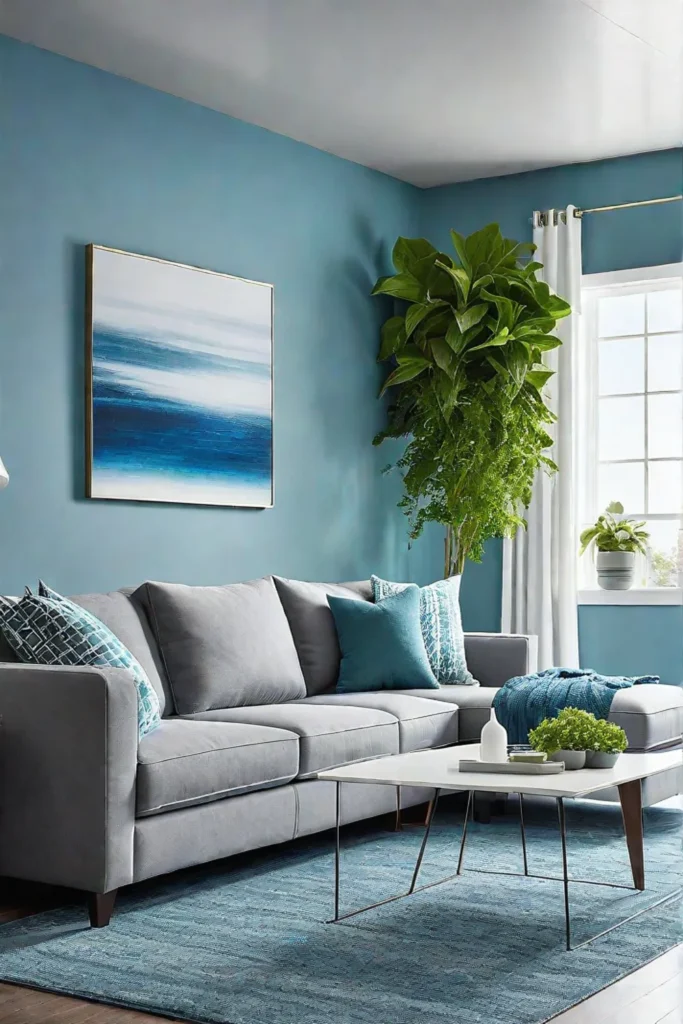 Cool blue living room with gray furniture and green accents