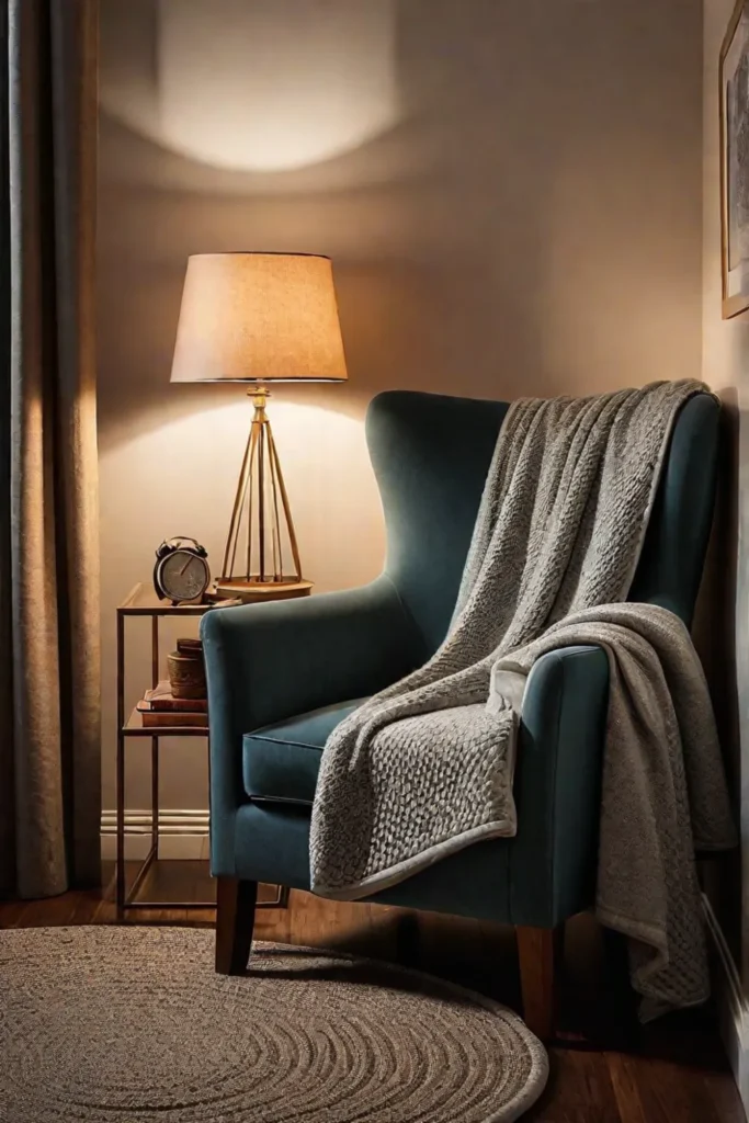 Cozy reading nook in bedroom promoting relaxation before sleep