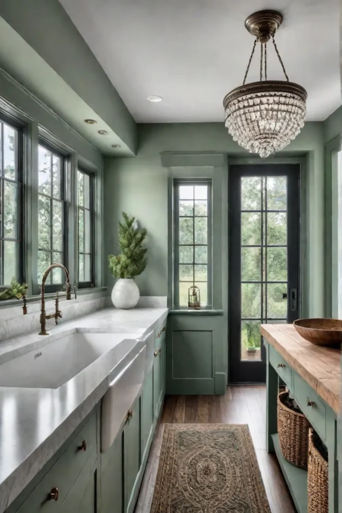 Elegant laundry room with farmhouse sink and builtin bench