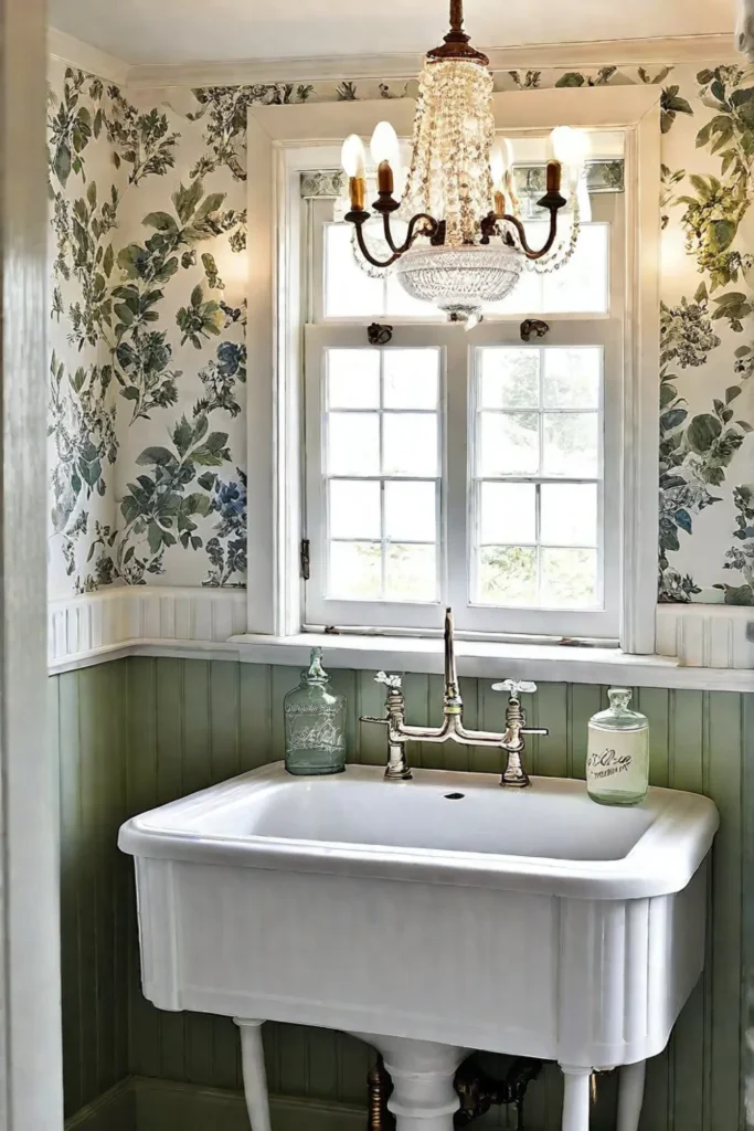 Elegant laundry room with marble countertop and antique bottles