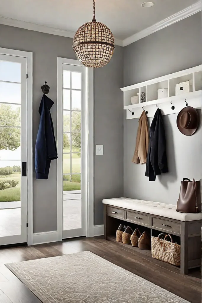 Elegant mudroom entryway with hardwood flooring and mirror