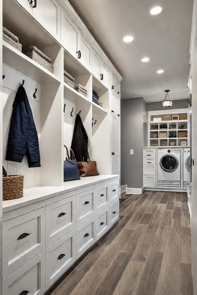 Functional mudroom design with ample storage and practical flooring