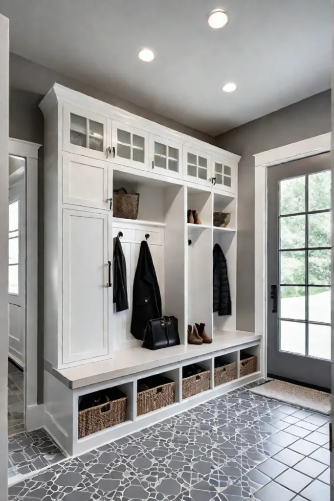 Functional mudroom design with zoned flooring options