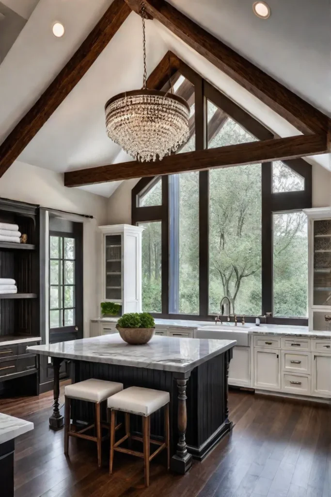 Grand laundry room with vaulted ceiling and crystal chandelier