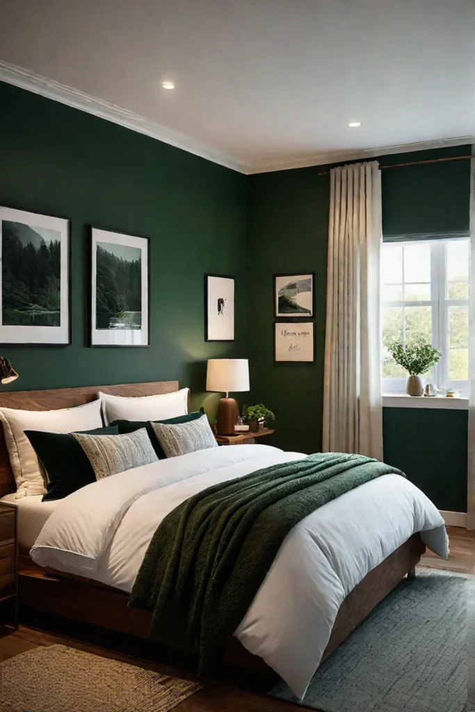 Green bedroom with blackout curtains and a comfortable bed