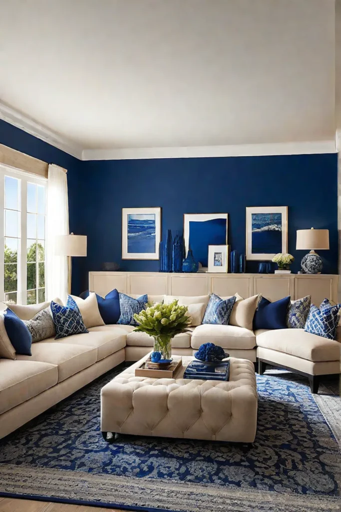 Living room with blue accent wall and complementary colors