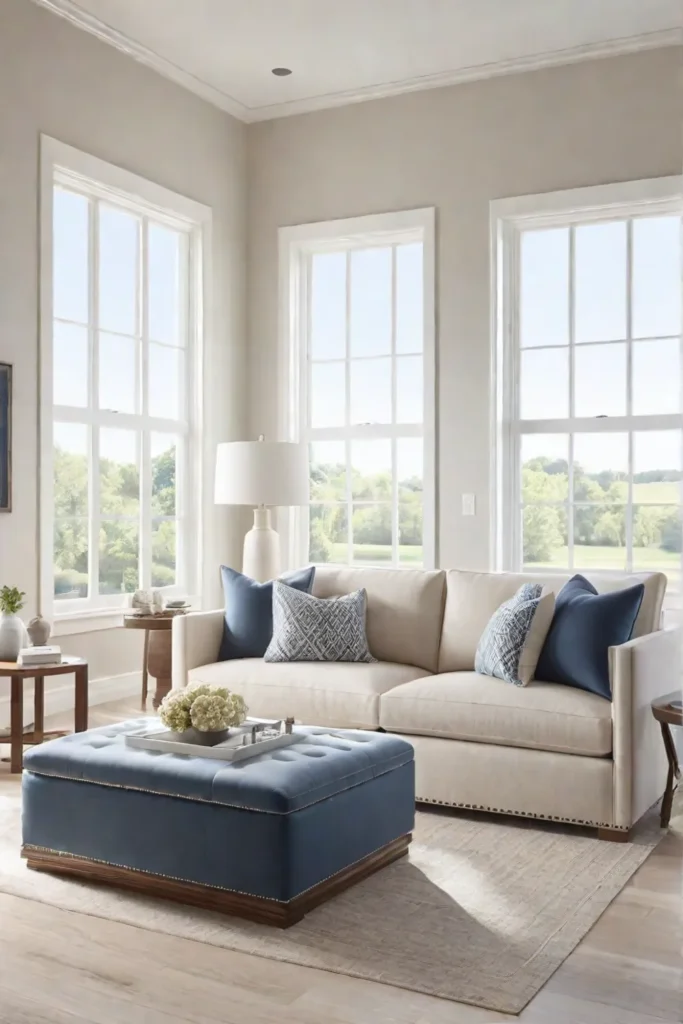 Living room with natural light and lightcolored furniture