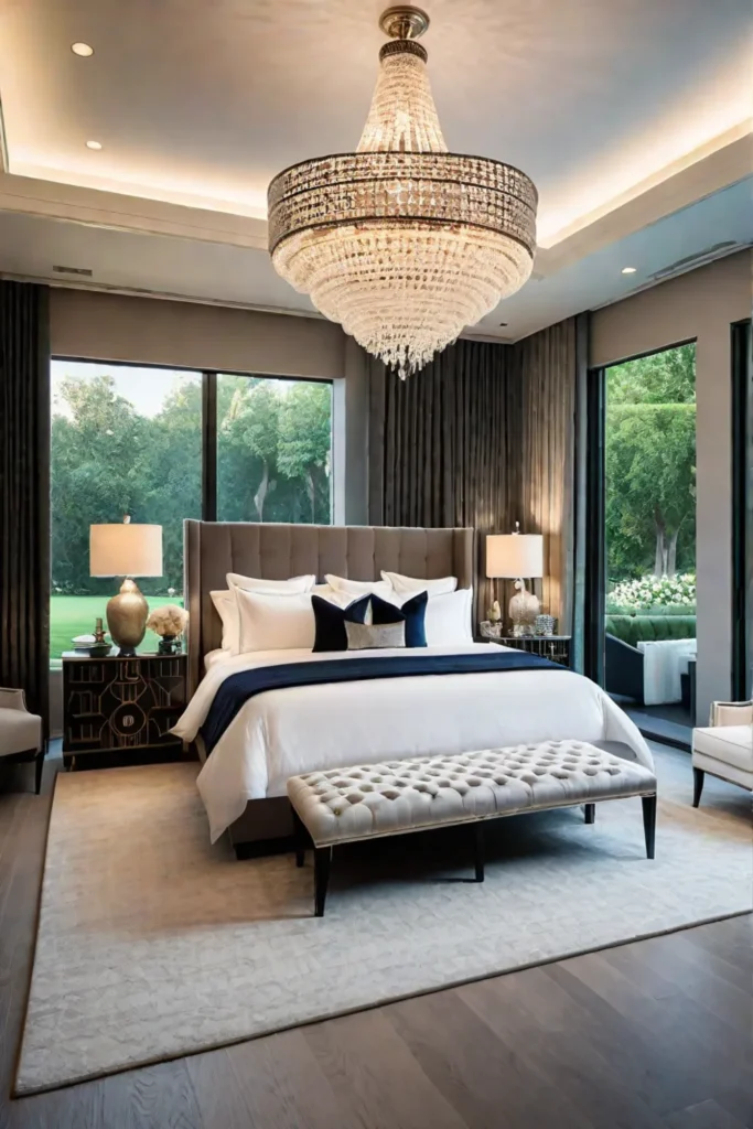 Luxurious bedroom with kingsized bed and chandelier