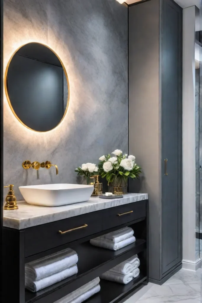 Marble bathroom with gold fixtures and a vessel sink