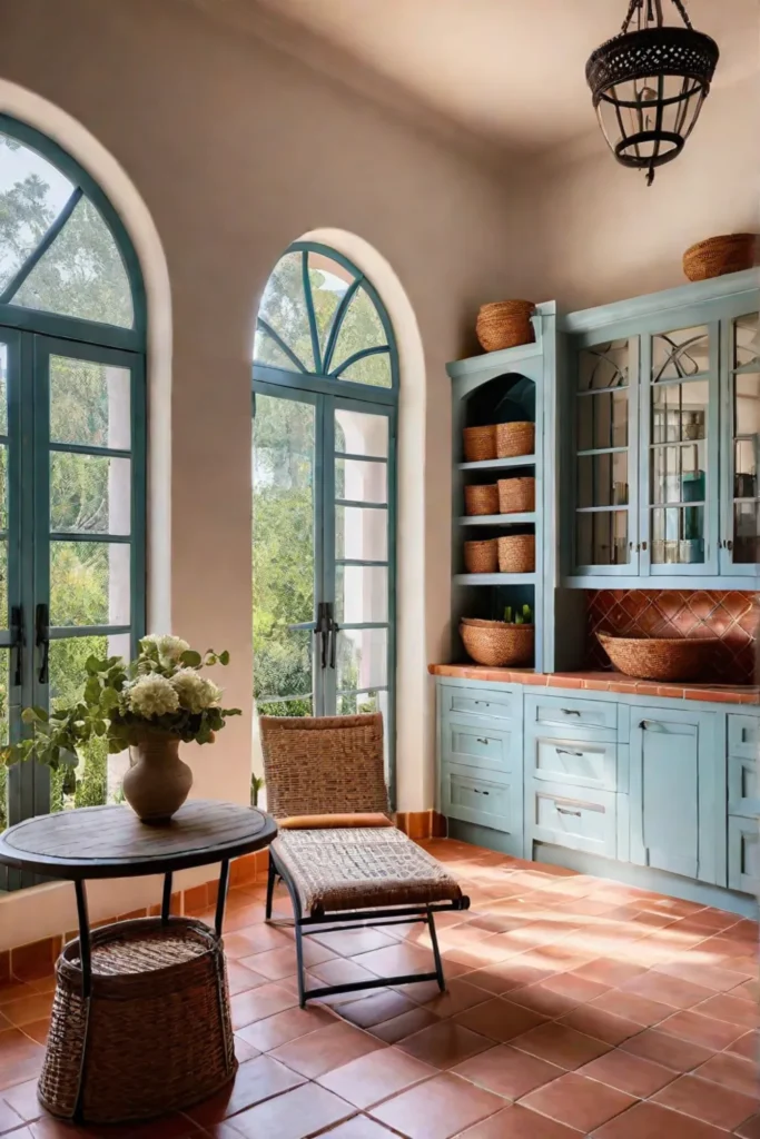 Mediterranean laundry room with terracotta tiles and arched doorways