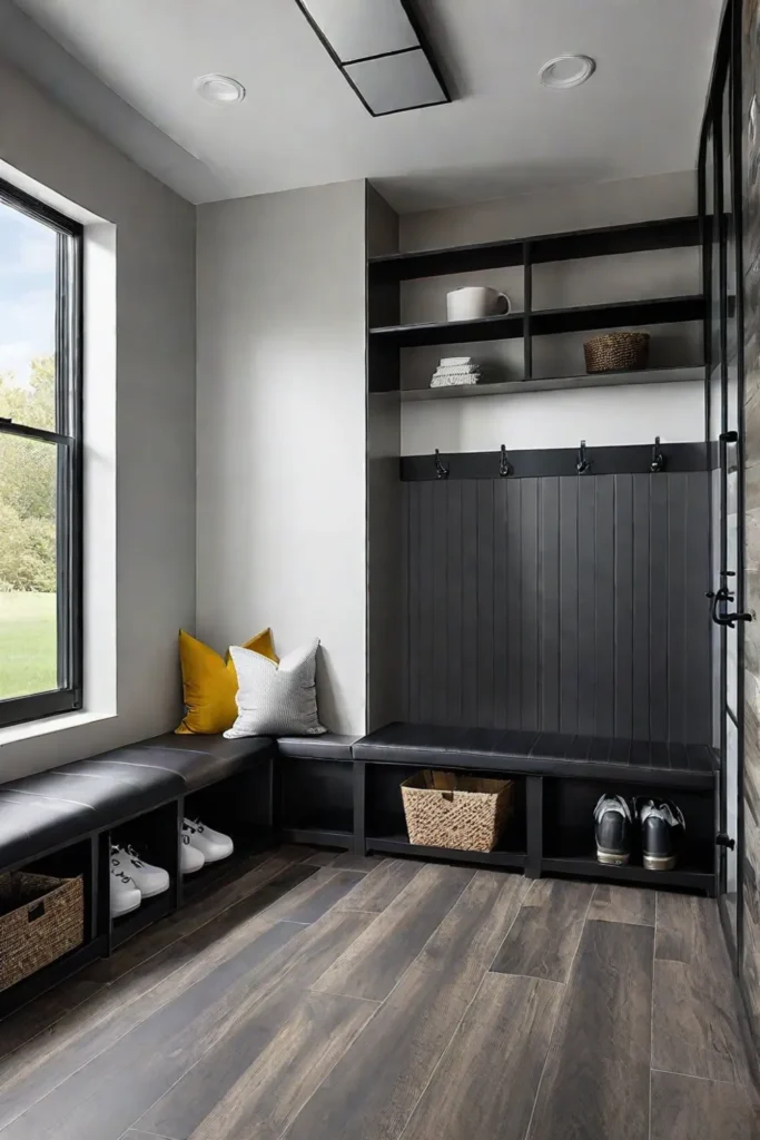 Modern farmhouse mudroom with woodlook vinyl flooring