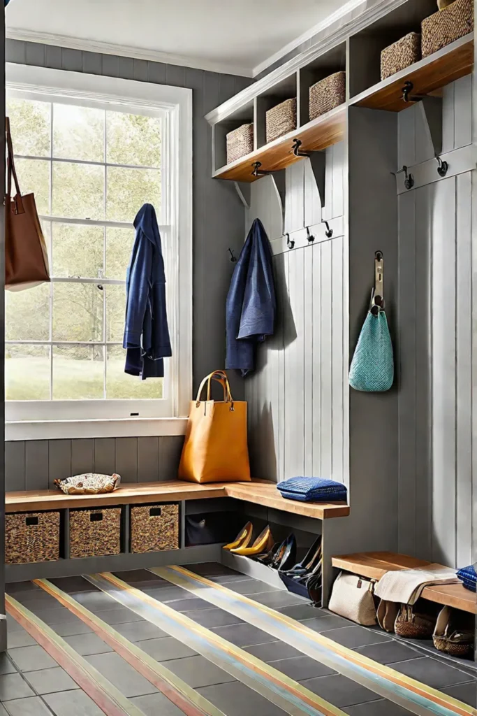 Mudroom with LVT slatelook flooring and colorful accents