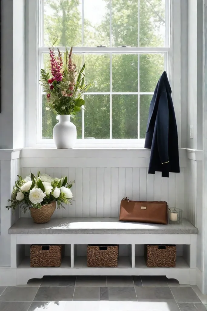 Mudroom with ceramic tile flooring and builtin storage