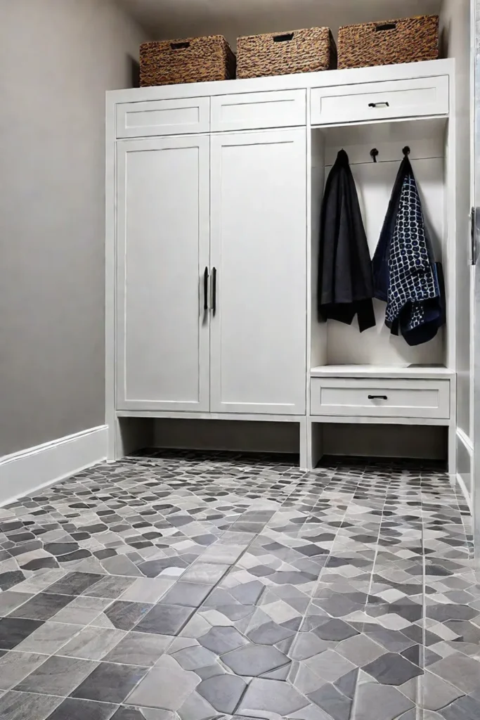 Mudroom with combined ceramic tile and sheet vinyl flooring