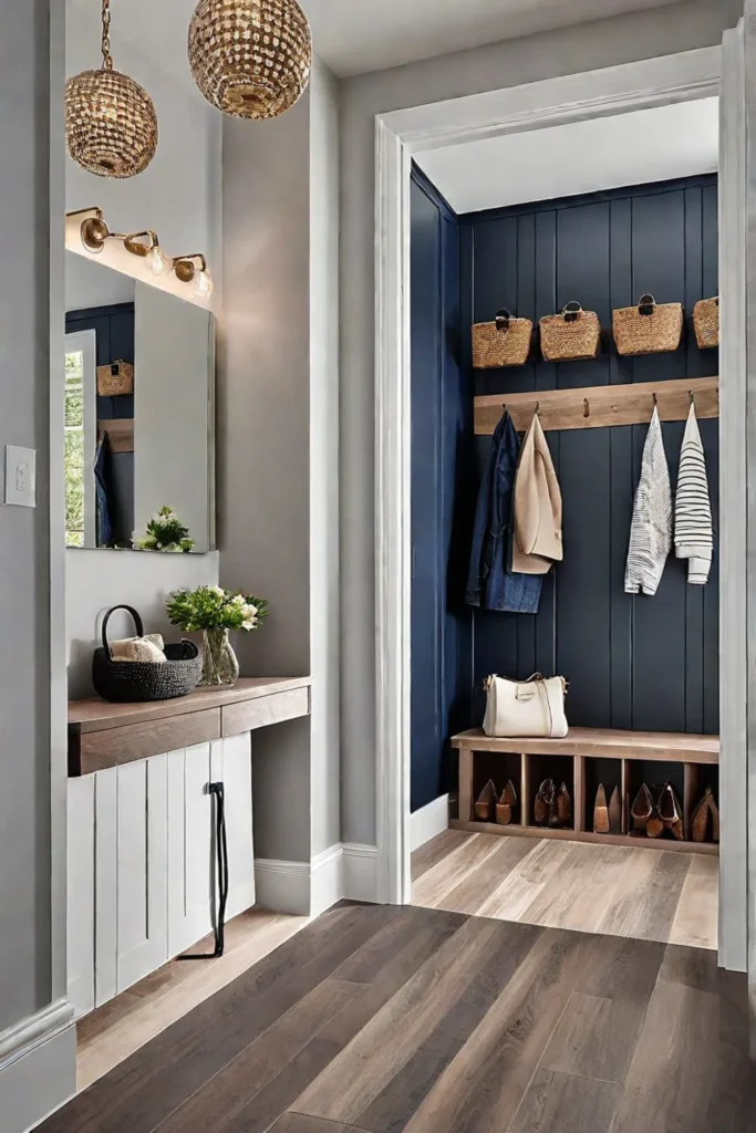 Mudroom with engineered hardwood flooring and statement lighting