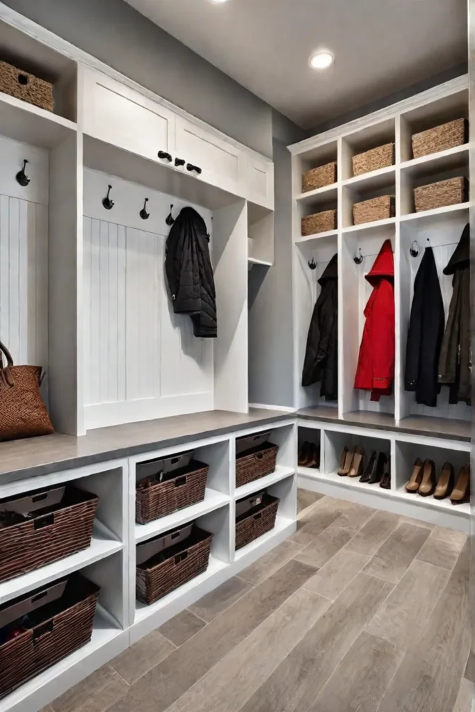 Organized mudroom with neutral laminate flooring and storage solutions