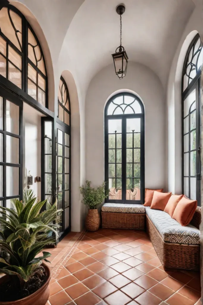 Relaxing laundry room with wicker chaise and courtyard view