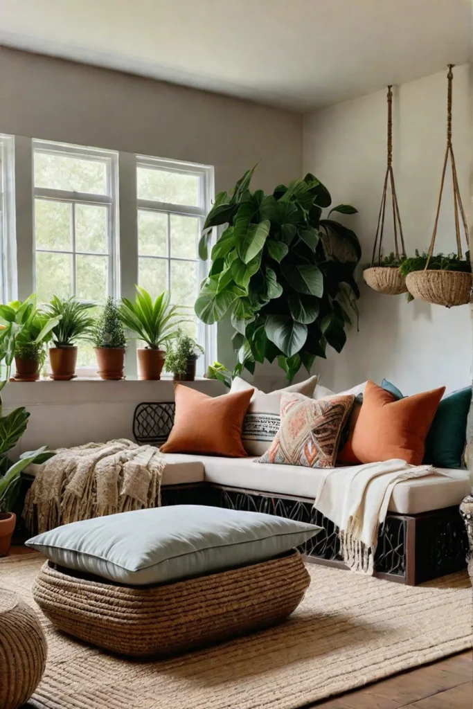 Reupholstered floor sofa with cushions and throws