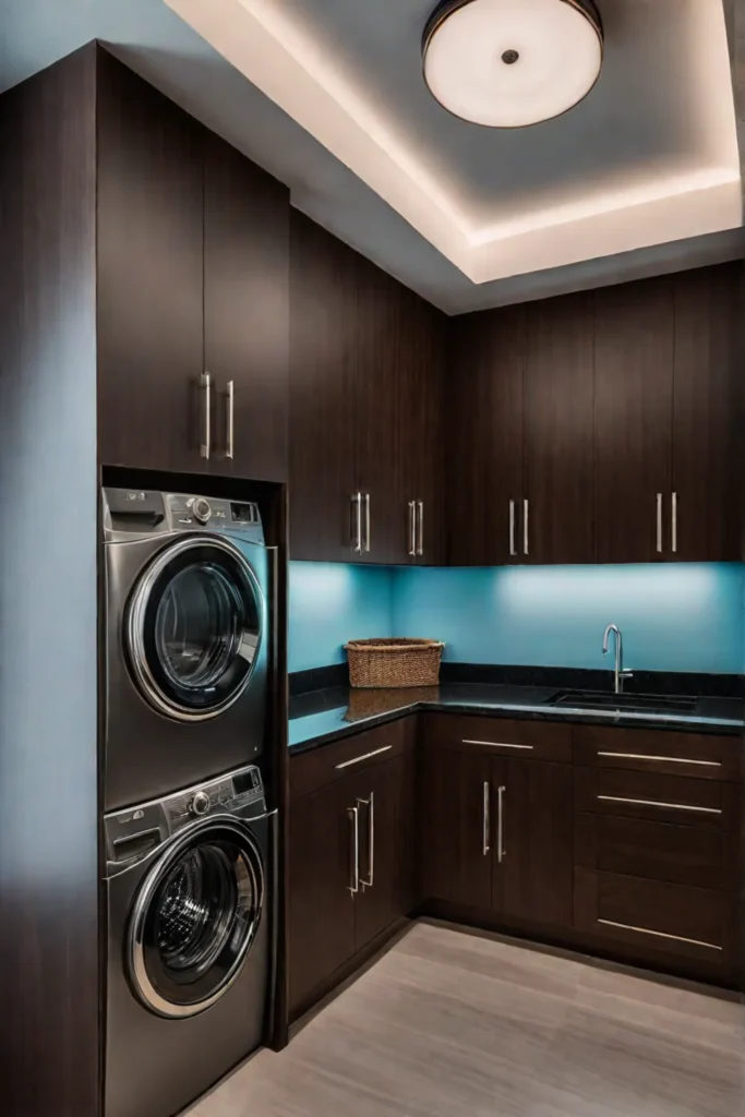 Sleek laundry room with pendant lighting and abstract art